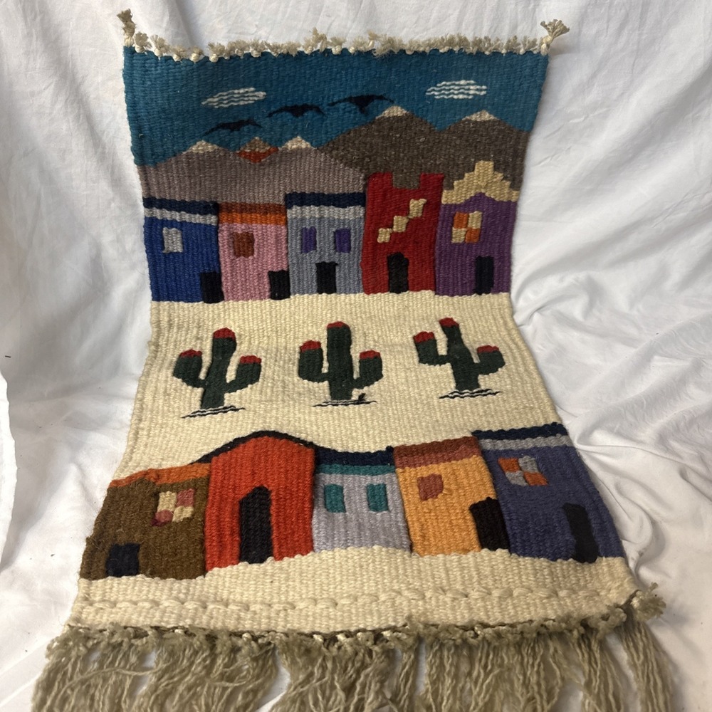 Vintage 1980s Southwestern Pueblo Hanging Wall Rug Tapestry Rustic Cabin Boho